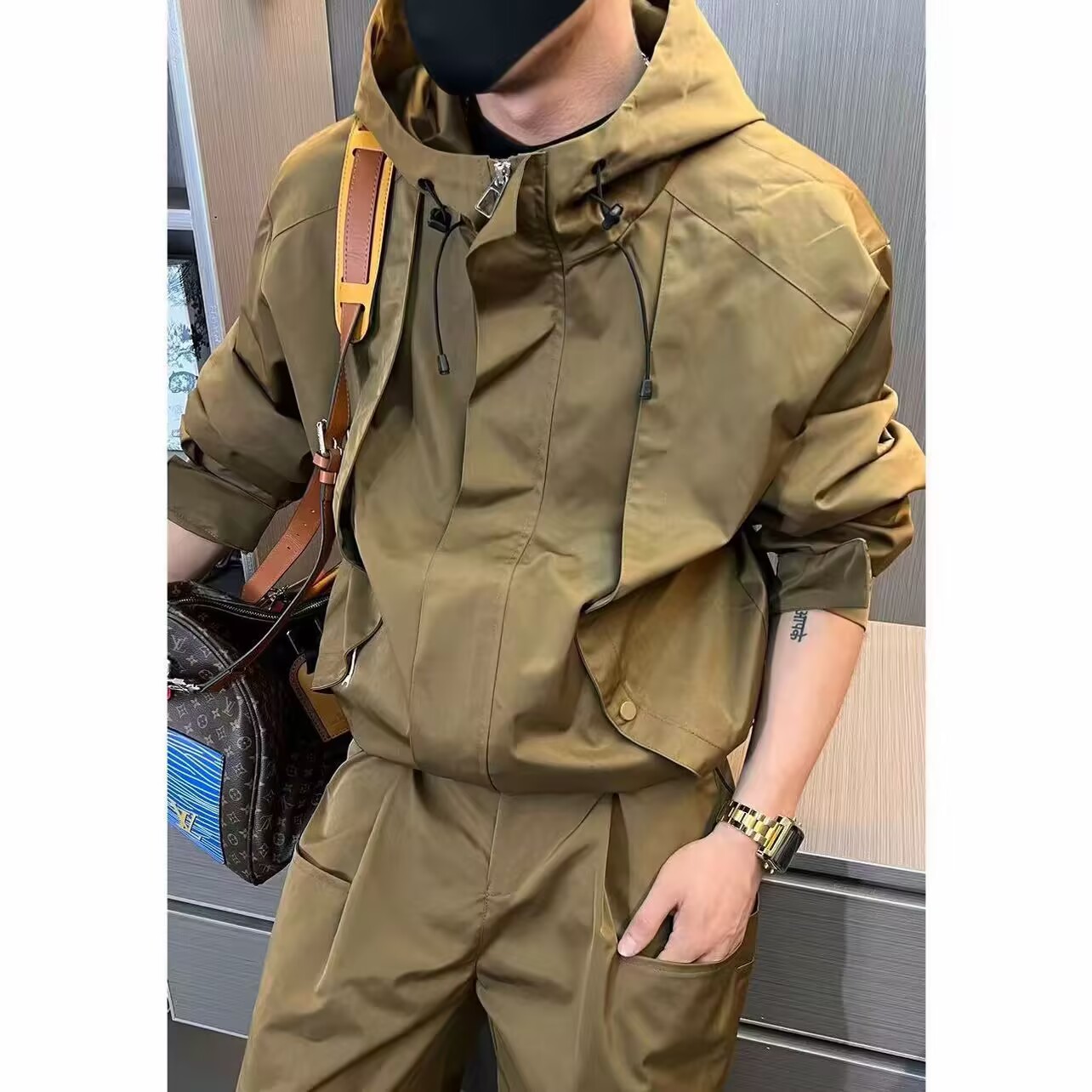 高端美式休闲冲锋衣夹克男套装