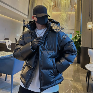 高端黑色羽绒服男连帽可脱卸冬季新款潮流宽松加厚保暖羽绒衣外套