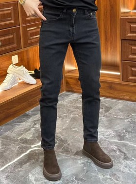 高端黑灰色牛仔裤男修身小脚秋季新款韩版时尚百搭显瘦弹力休闲裤