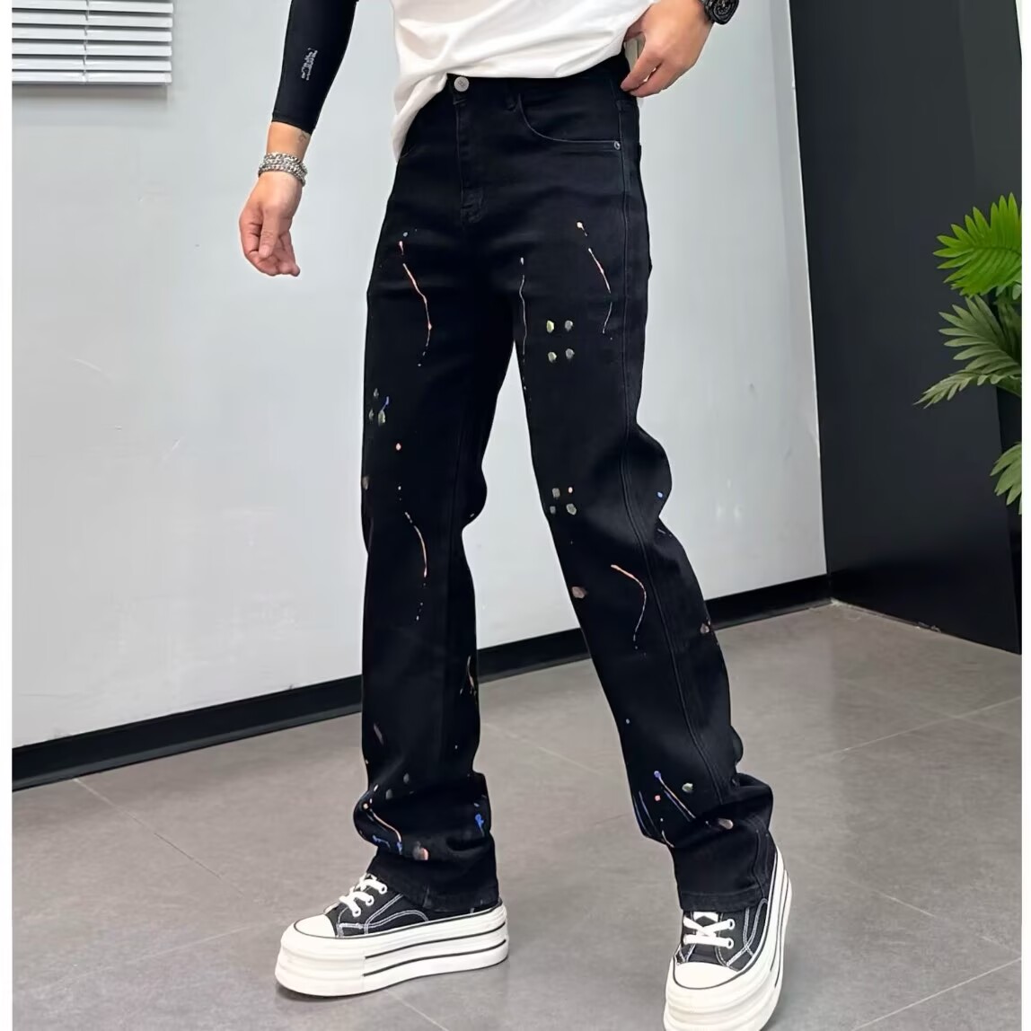 高级感彩色涂鸦泼墨牛仔裤男宽松