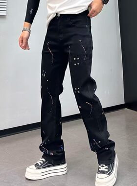 高级感彩色涂鸦泼墨牛仔裤男宽松