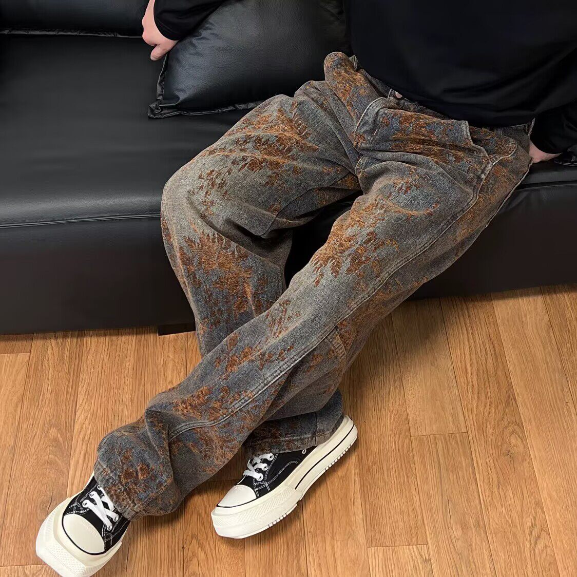 高级感美式休闲牛仔裤男宽松直筒2025秋冬新款做旧提花加厚阔腿裤,男装,牛仔裤,淘宝优惠券,粉丝福利购,淘宝优惠卷