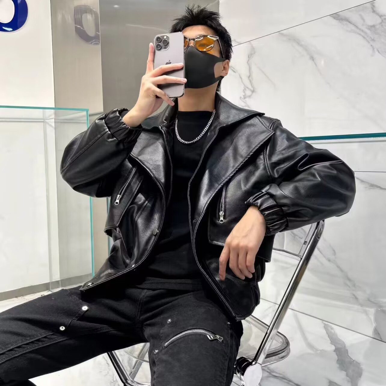 设计款假两件皮衣休闲痞帅外套