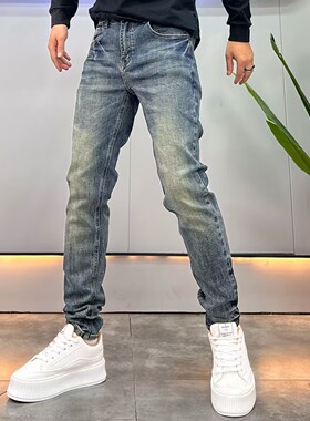 高端重工水洗复古牛仔裤男修身小直筒秋冬季新款潮牌百搭小脚长裤