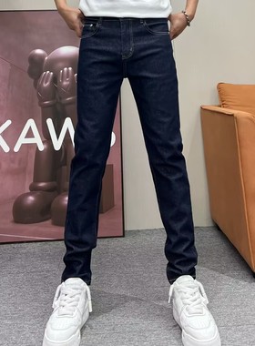 深蓝色牛仔裤男修身小脚2025春夏季新款时尚明线弹力净版休闲长裤