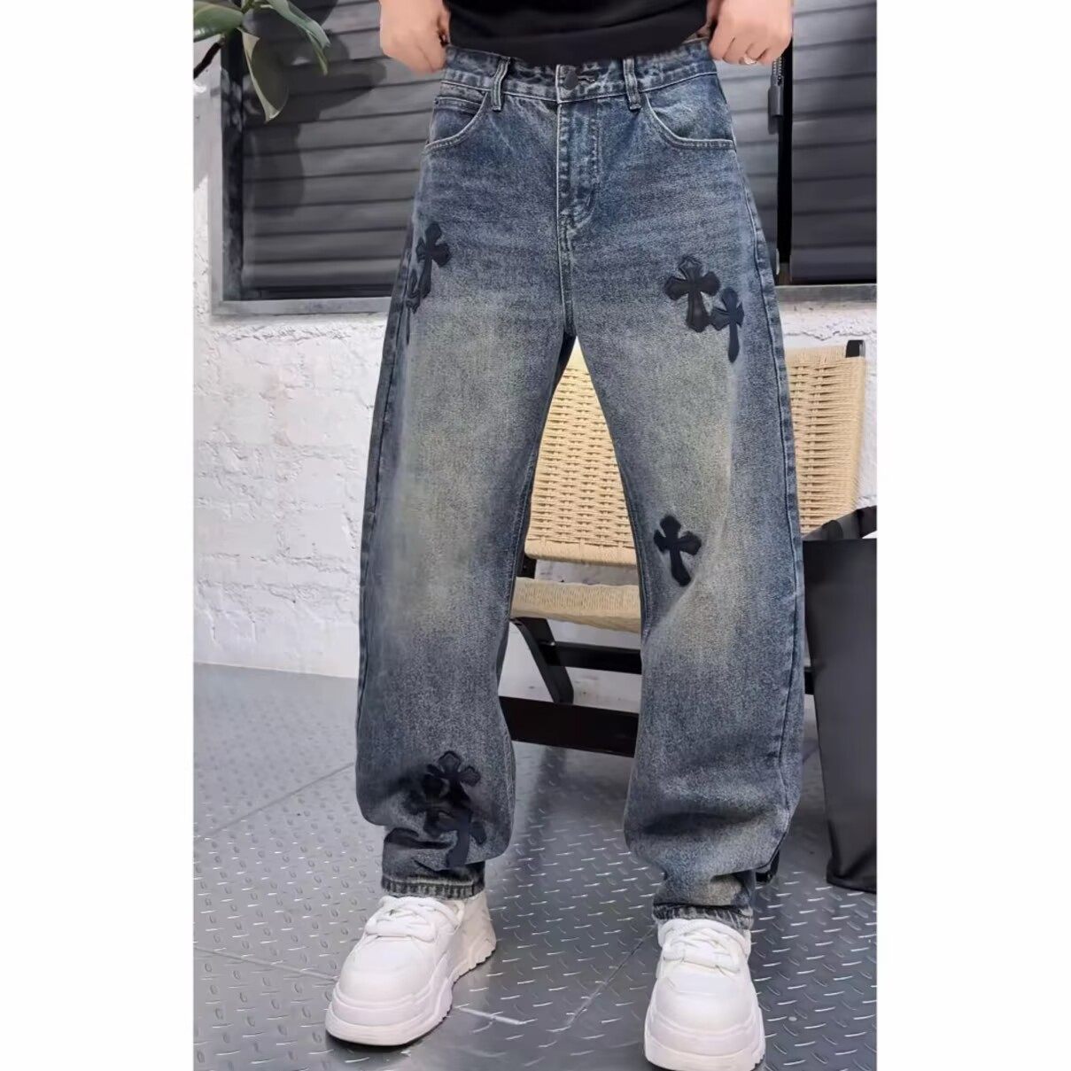 高级感水洗复古牛仔裤男宽松时尚美式休闲长裤十字架贴皮阔腿裤潮,男装,牛仔裤,淘宝优惠券,粉丝福利购,淘宝优惠卷