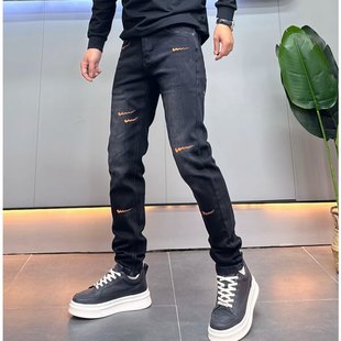 潮牌印花弹力显瘦休闲小脚裤 秋冬季 小直筒长裤 男修身 子 加绒牛仔裤