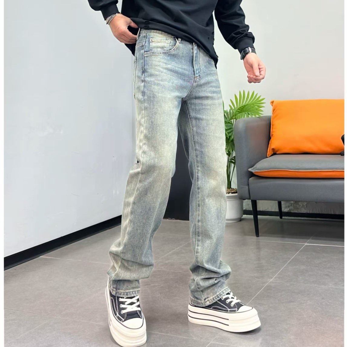 高端美式休闲牛仔裤男宽松直筒椰树刺绣水洗做旧复古蓝色潮牌长裤,男装,牛仔裤,淘宝优惠券,粉丝福利购,淘宝优惠卷