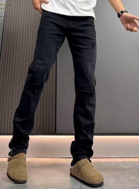 设计款破洞补丁牛仔裤男黑灰色秋冬季新款刮烂脚口拉链直筒长裤潮
