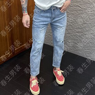 设计款破洞牛仔裤男九分2025夏季新款时尚刮烂修身小直筒休闲裤薄