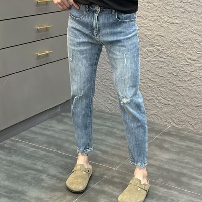 设计款刮烂九分牛仔裤男修身小脚