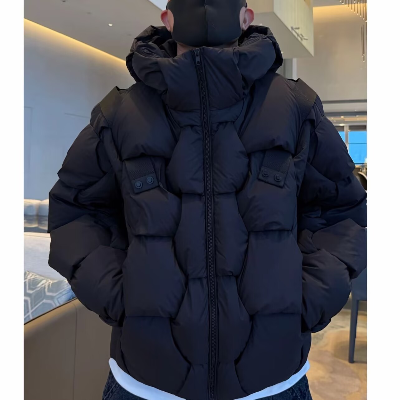 高端编织设计鹅绒服男连帽可脱卸冬季新款潮牌保暖羽绒衣服男外套