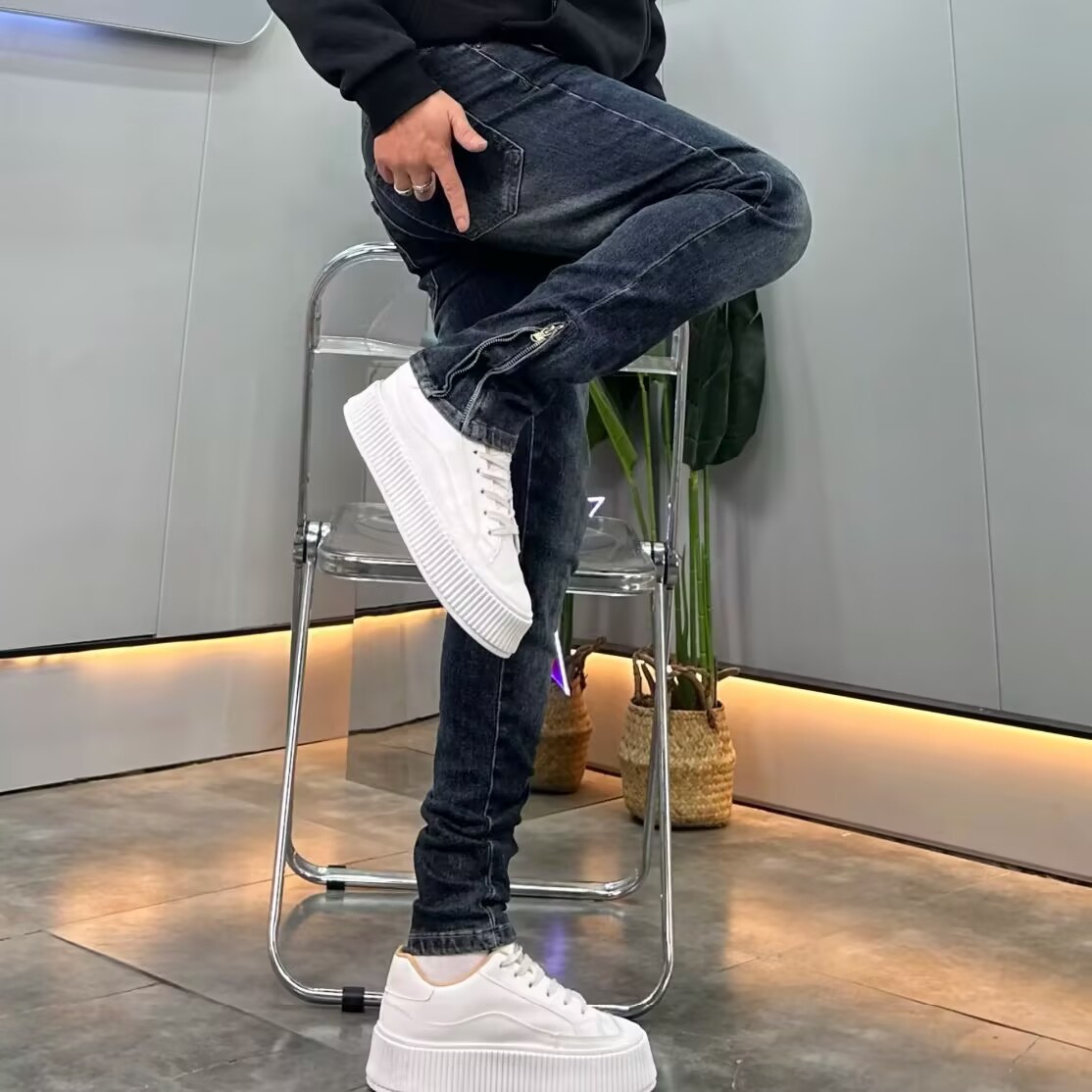 高端深蓝色牛仔裤男修身小直筒韩版潮流时尚脚口拉链弹力休闲长裤