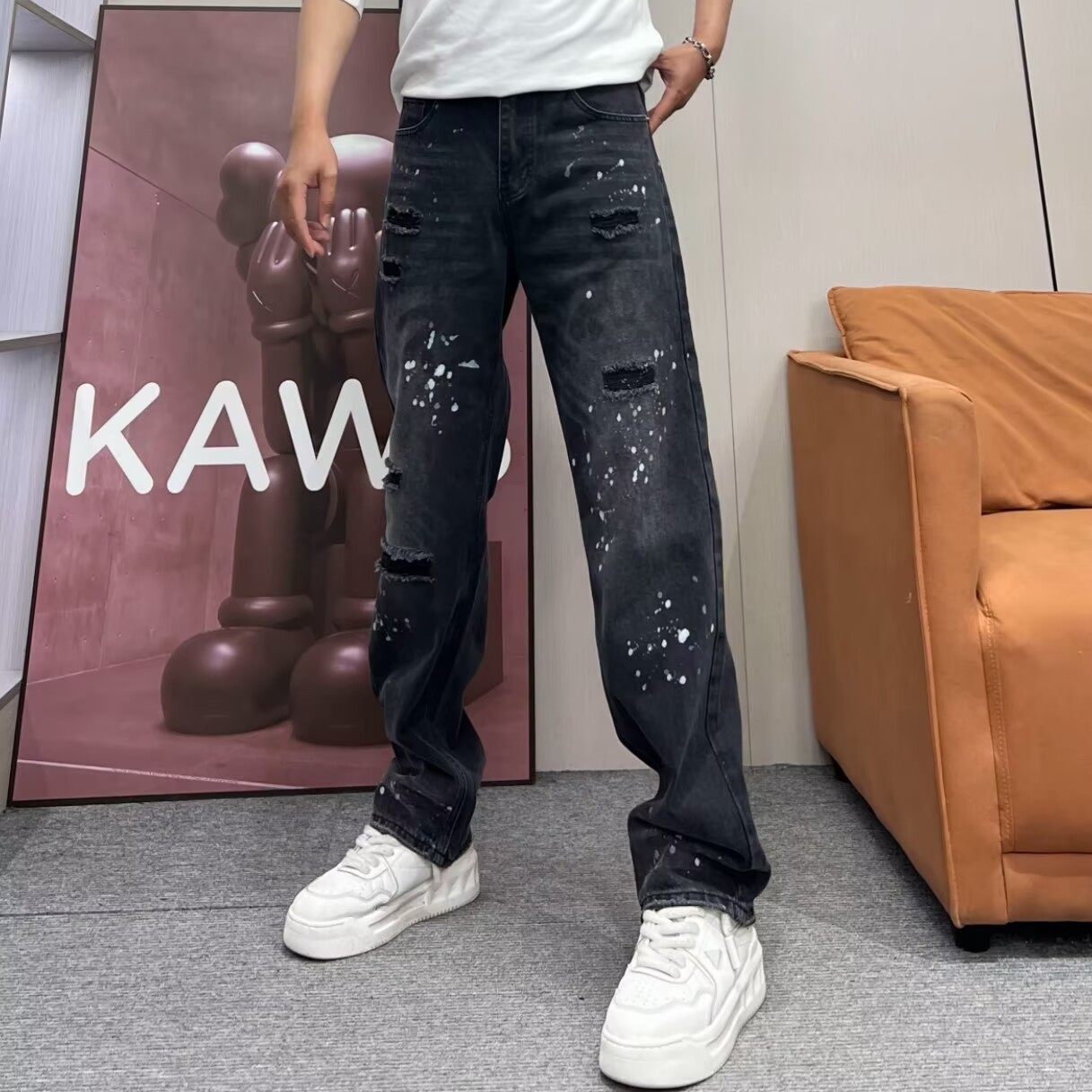 高街美式直筒牛仔裤男假破洞宽松泼墨印花阔腿裤潮流个性刮烂长裤,男装,牛仔裤,淘宝优惠券,粉丝福利购,淘宝优惠卷
