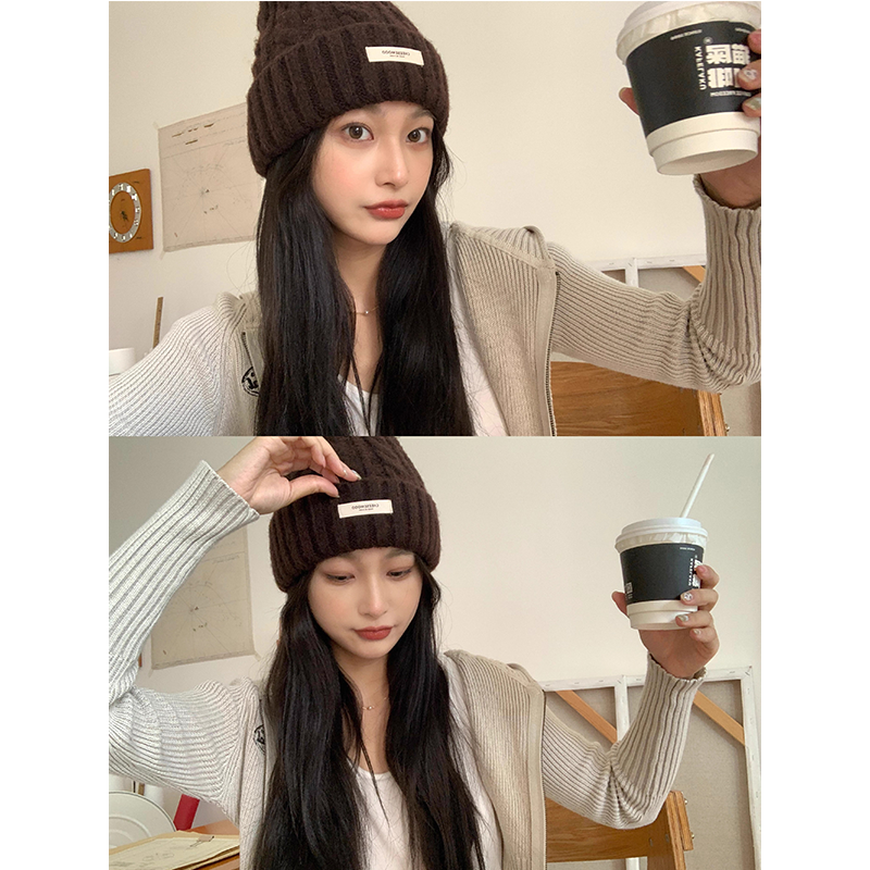 定制款~温暖秋冬纯色皮标毛线帽