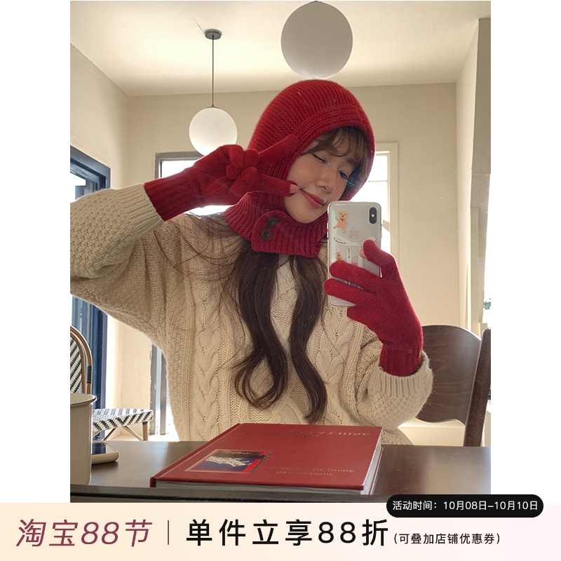 原创款~美利奴羊毛巴拉克拉法帽女冬季红色毛线针织帽子围巾一体