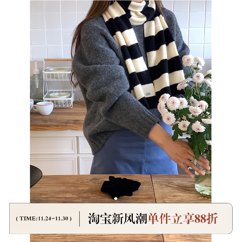 芝士商店~韩国黑白条纹围巾女秋冬加厚保暖拼色骑行围脖百搭护颈