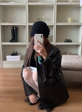 芝士商店~黑色花朵毛线帽女冬季复古针织帽子防寒保暖冷帽堆堆帽