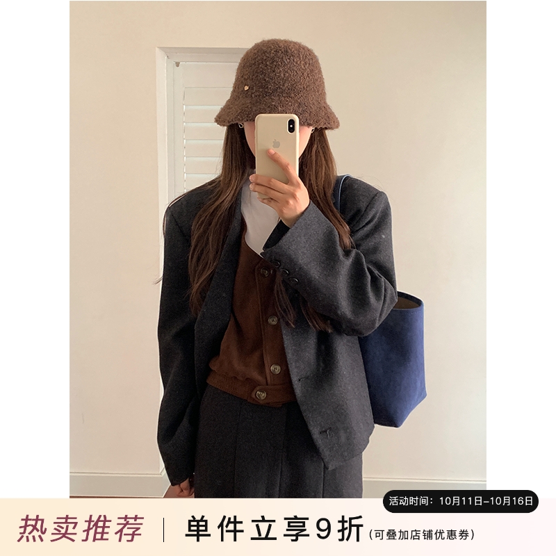 定制款~韩国棕色毛绒渔夫帽女秋冬显脸小帽子水桶帽羊毛针织盆帽