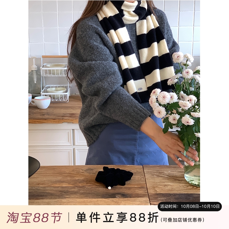 芝士商店~韩国黑白条纹围巾女秋冬加厚保暖拼色骑行围脖百搭护颈