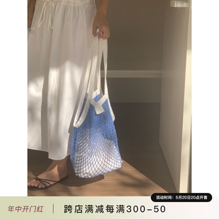 定制款 夏季 海边度假网兜包女蓝色单肩编织包针织手提沙滩包包ins