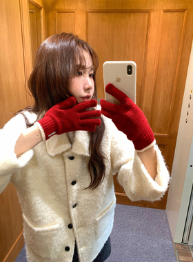 原创款~东北可触屏红色手套女士冬季高颜值保暖骑行针织漂亮手套