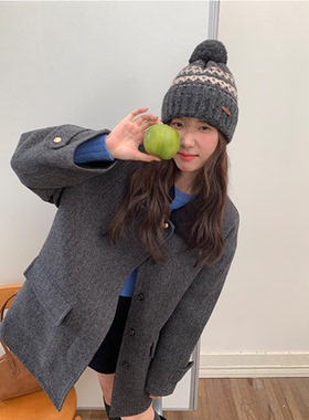 定制款~费尔岛毛线帽女冬季韩国灰色毛球针织帽冷帽保暖护耳帽子