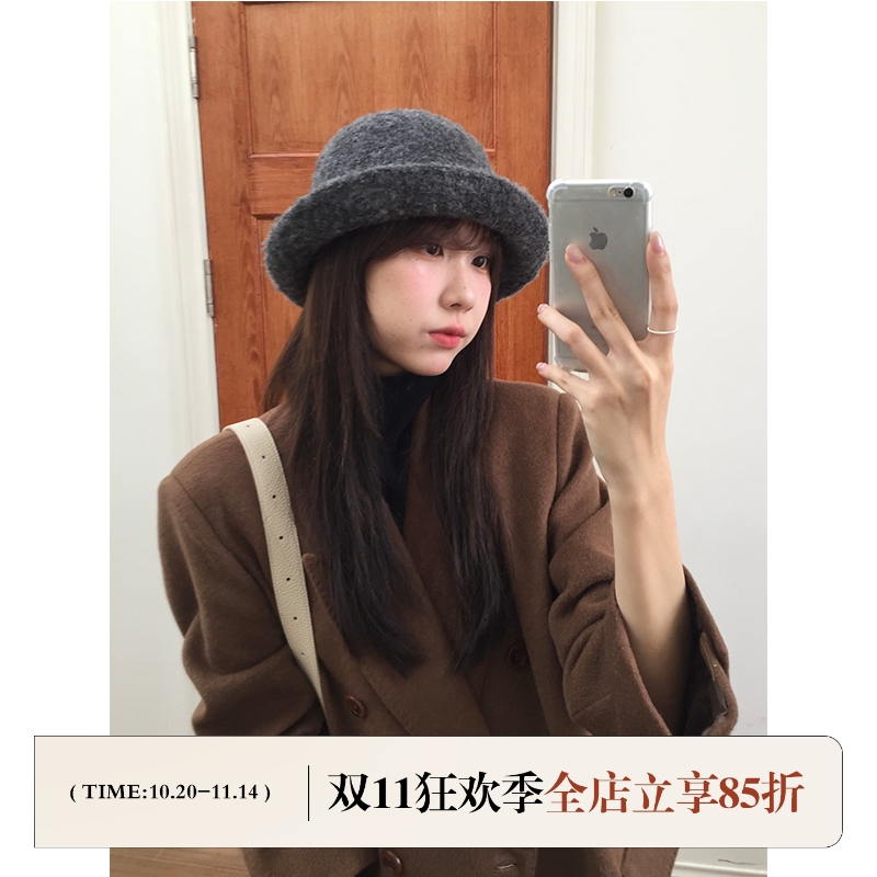 芝士商店~羊毛卷边渔夫帽女秋冬休闲帽子显脸小盆帽灰色千金礼帽