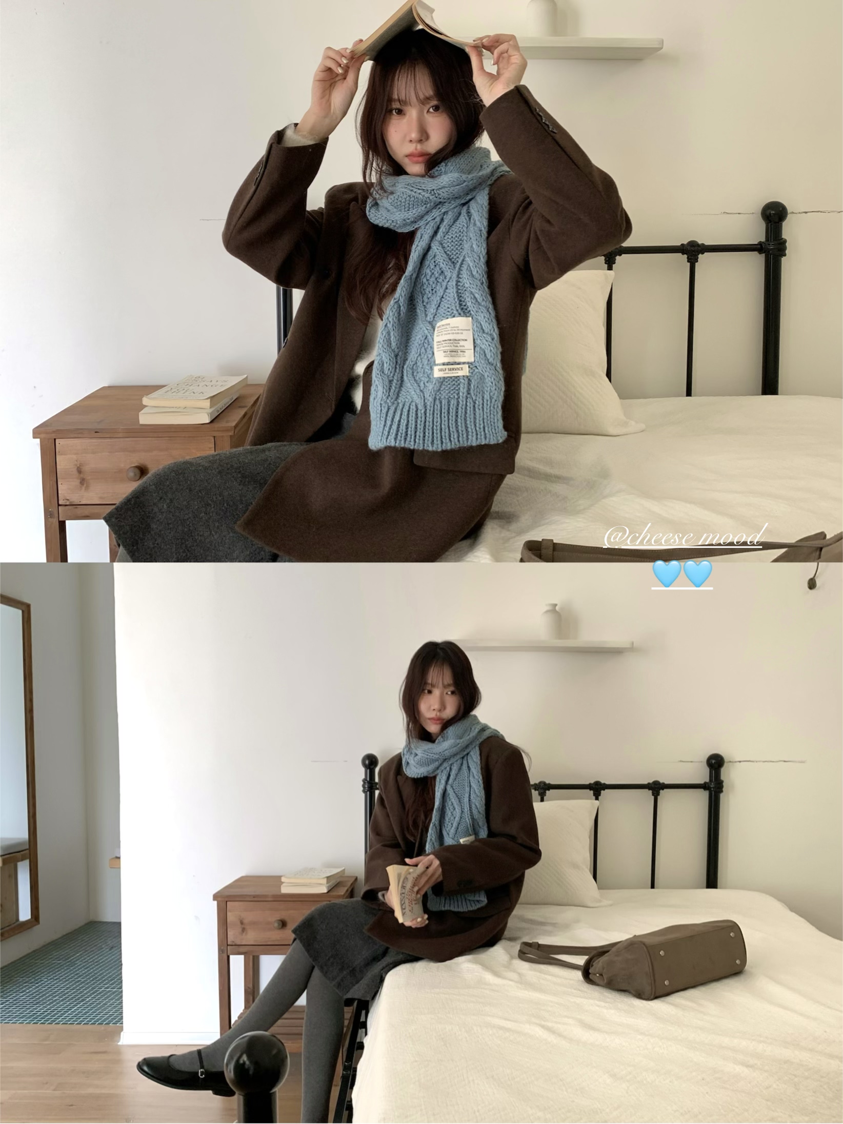 芝士商店~韩系氛围感麻花针织围巾女款2026新款秋冬蓝色保暖围脖
