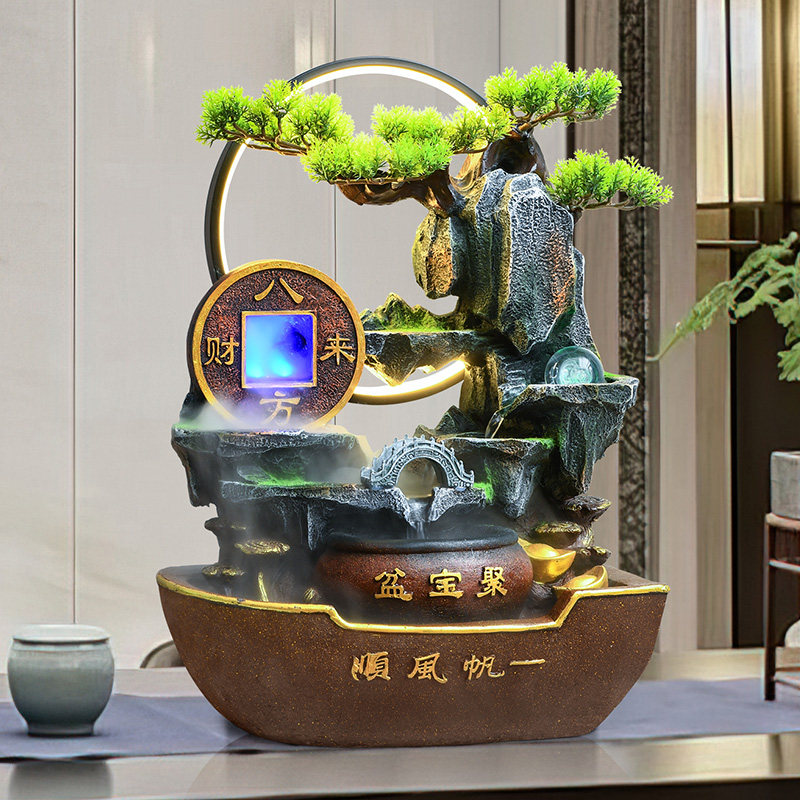 新中式聚宝盆流水摆件风水轮招财装饰客厅电视柜桌面办公室加湿器