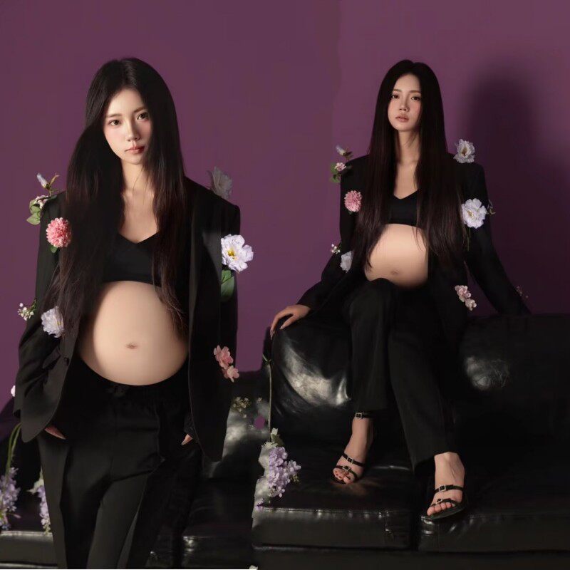 影楼孕妇拍照服装新款高级感简约黑色西装套装孕妈咪艺术照摄影服