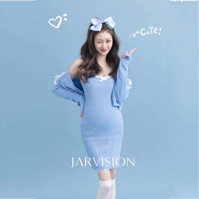 新款影楼孕妇拍照服装小清新针织蓝色套装连衣裙私房艺术照写真裙