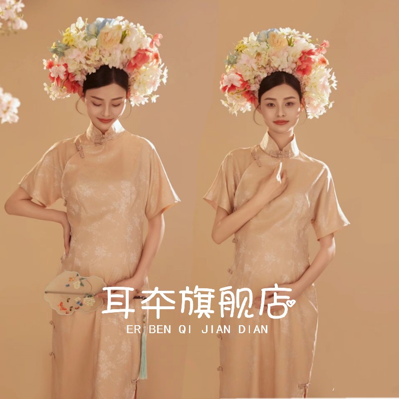 照相馆新款簪花孕妇照服装复古风新中式改良版旗袍粉色孕妈咪摄影