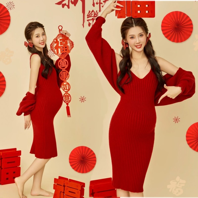 红色针织毛衣妈咪艺术照摄影套装