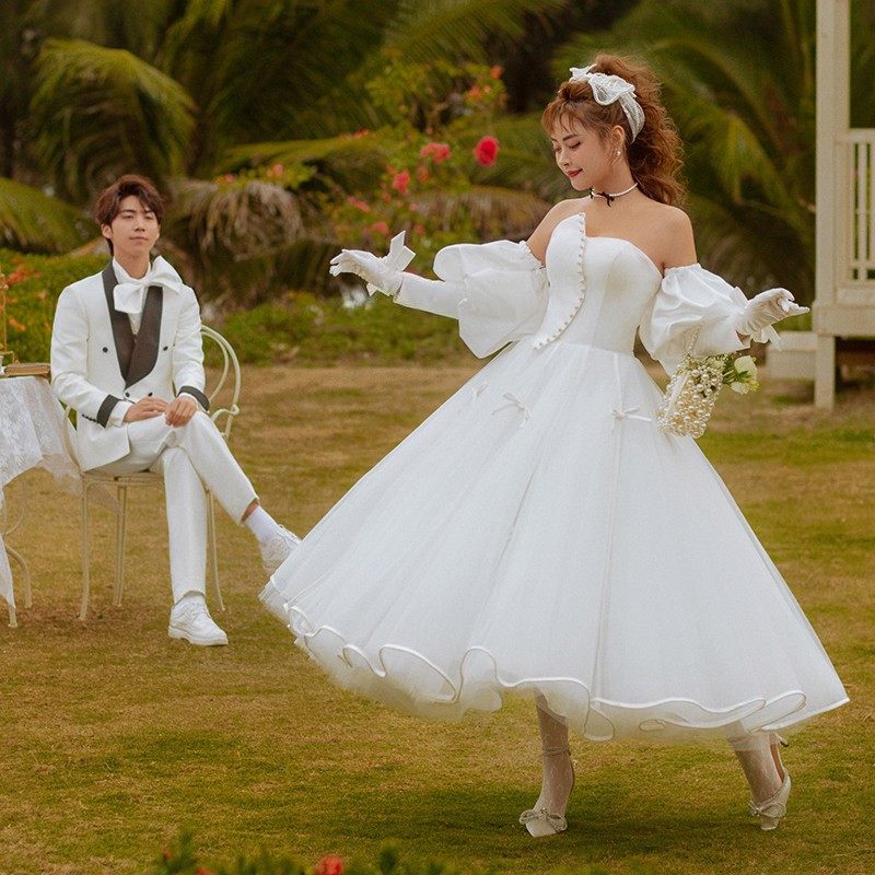 影楼主题服装新款甜美抹胸小白纱礼服外景旅拍情侣写真服装轻婚纱