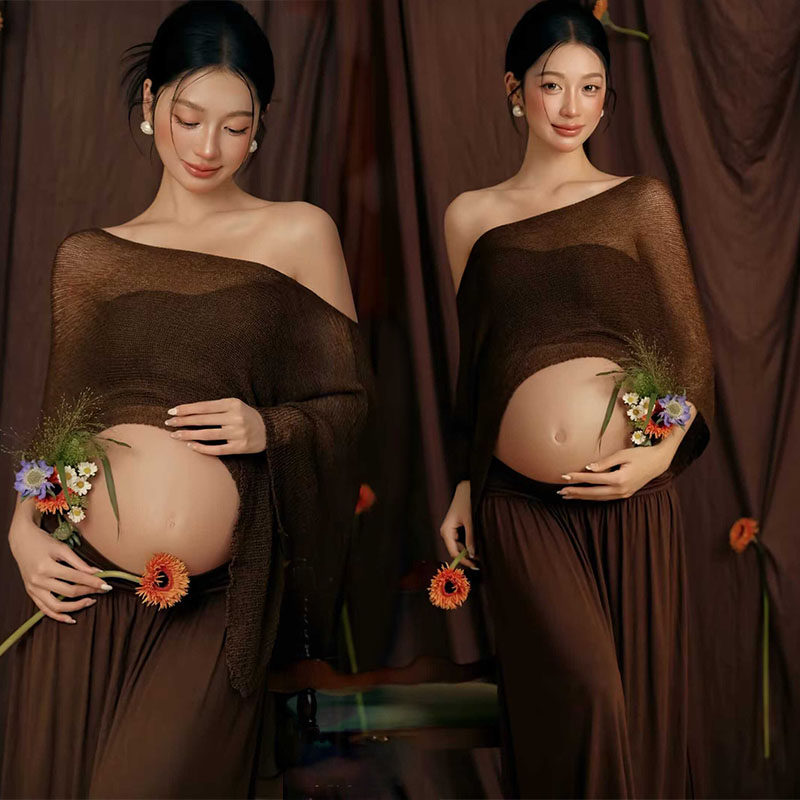 孕妇法式极简一字肩写真长裙