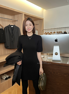 widelia陈姬儿秋毛衣裙黑色短袖针织裙中长款内搭打底羊毛连衣裙