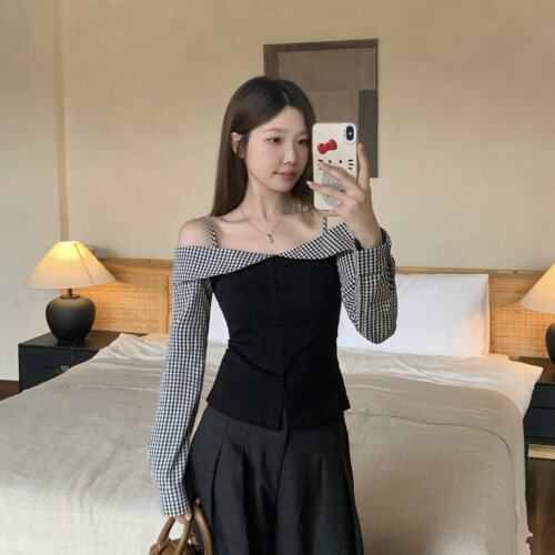 大码胖MM秋季新款假两件格子拼接露肩长袖一字肩修身上衣