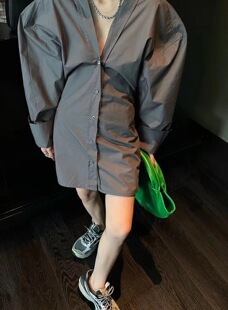 韩国东大门2021秋季新款V领收腰御姐范时尚衬衣连衣裙女简约气质