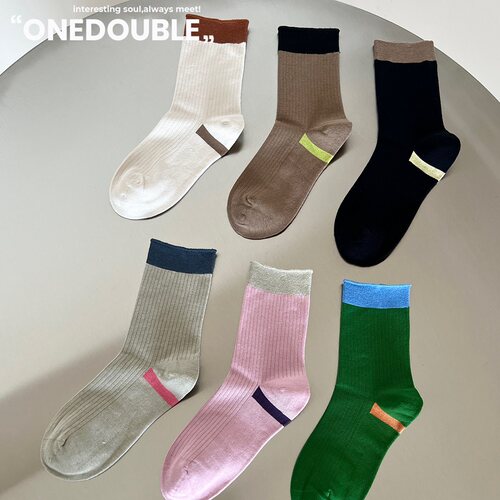 onedouble气质百搭撞色中筒袜