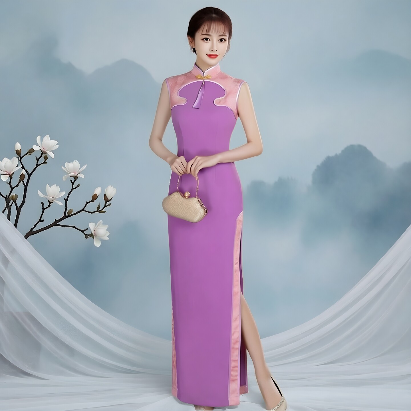 紫色走秀优雅修身婚宴妈妈旗袍
