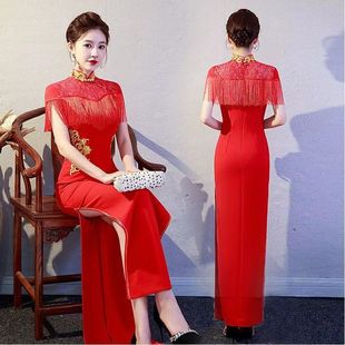 2025新款修身改良高开叉旗袍长款高端走秀演出服装宴会晚礼服显瘦