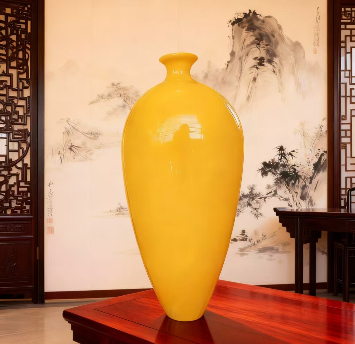 淄博陶瓷鸡油黄花瓶，高档梅甁，客厅装饰品家居软装别墅花瓶摆件