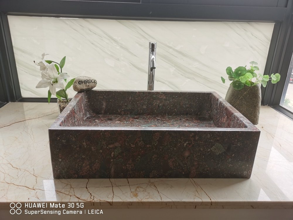 麒麟红花岗石台上盆枣红色石材长方形洗手盆浴室台盆