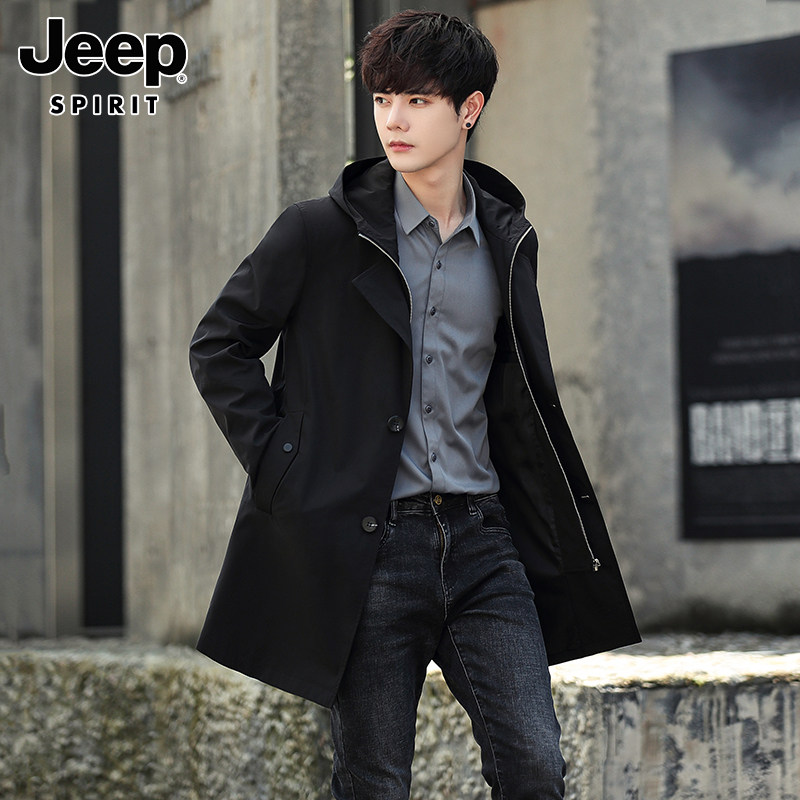 JEEP AUTUMN MIDI TRENCH COAT MENS NEW LOOSE CASUAL BIG CLOTHES TREND HOODED WINDPROOF JACKET MENSWEAR