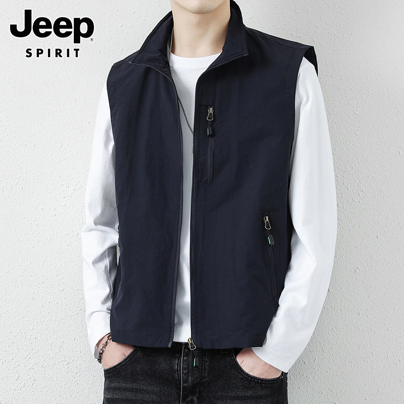 JEEP VEST MENS AUTUMN NEW VERSATILE WORKWEAR CANT SHOULDER VEST CASUAL SPORTS STAND-UP COLLAR SLEEVELESS JACKET MENS