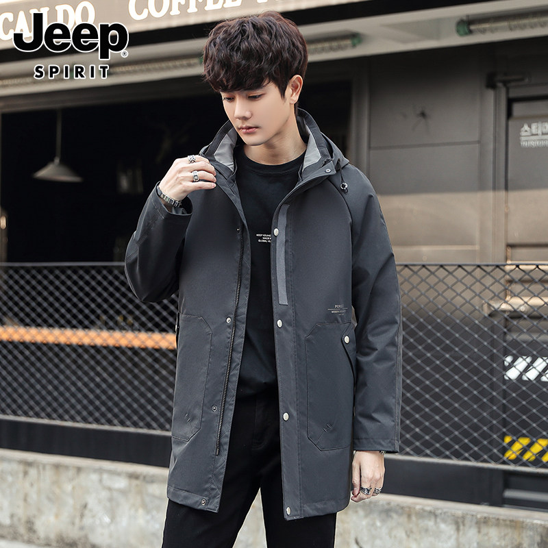 JEEP HOODED TRENCH COAT MENS MID-LENGTH AUTUMN WEAR SPORTS LOOSE CASUAL JACKET OVERCOAT MENS