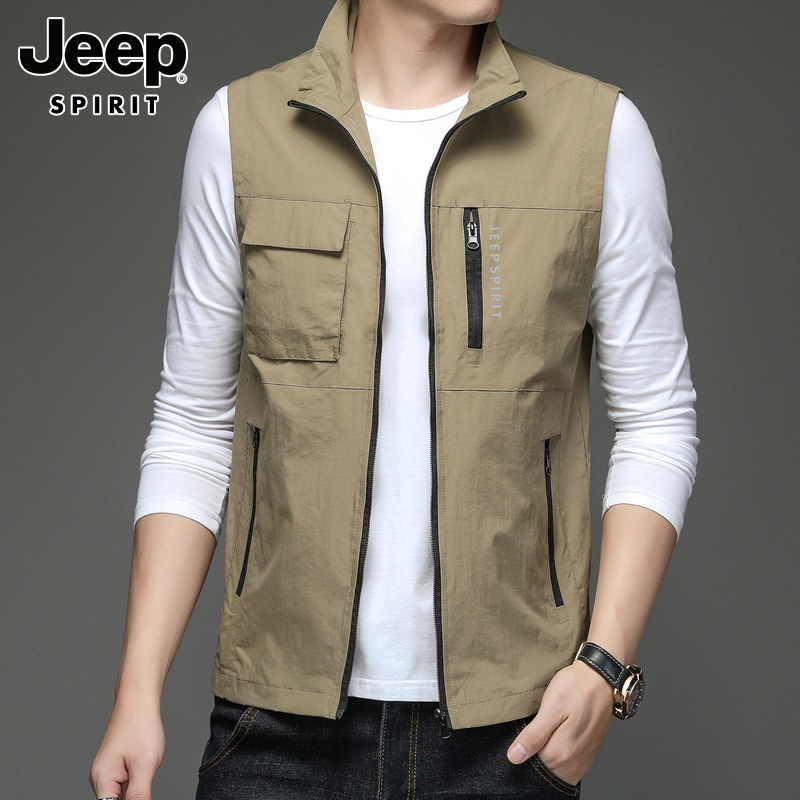 JEEP VEST MENS AUTUMN NEW VERSATILE CASUAL WORKWEAR SPORTS VEST TRENDY BRAND LOOSE STAND-UP COLLAR JACKET MENSWEAR