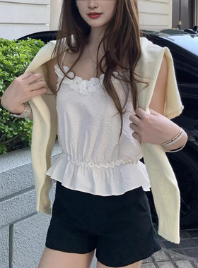喜金水  手工钻花泡芙吊带女小香风性感上衣无袖白色花朵小众背心