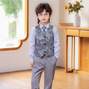 儿童西装 男童走秀钢琴主持演出西服 花童周岁礼服国风印花马甲套装